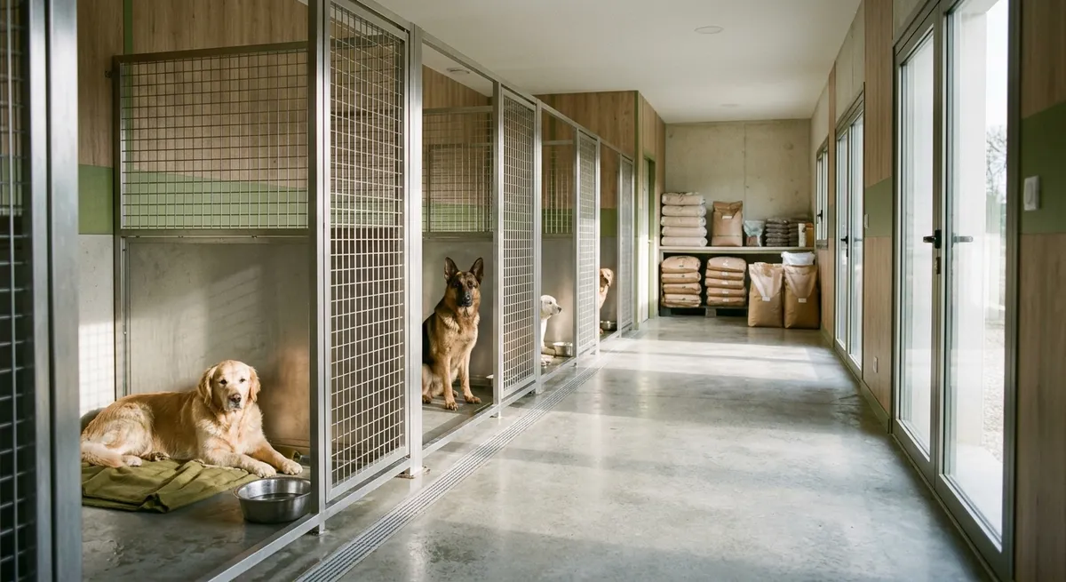 Bâtiment d'élevage canin avec boxes propres