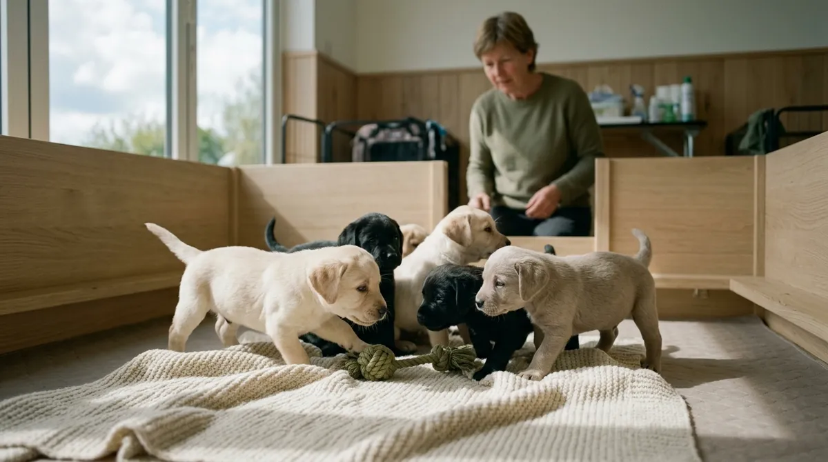 Portée de chiots en bonne santé dans un box d'élevage